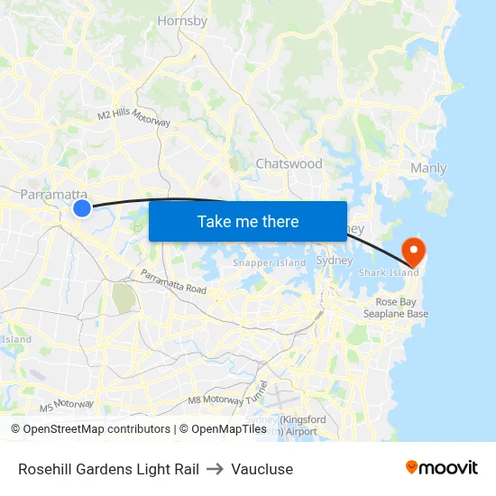 Rosehill Gardens Light Rail to Vaucluse map