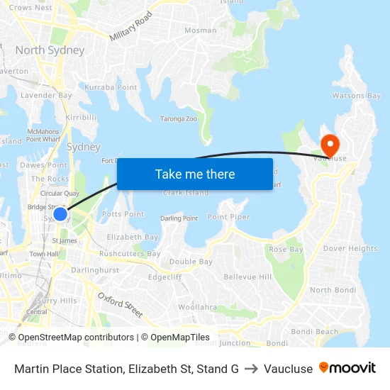 Martin Place Station, Elizabeth St, Stand G to Vaucluse map