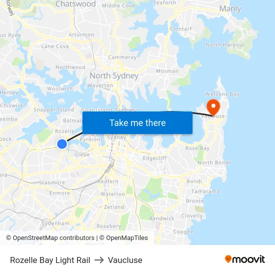 Rozelle Bay Light Rail to Vaucluse map