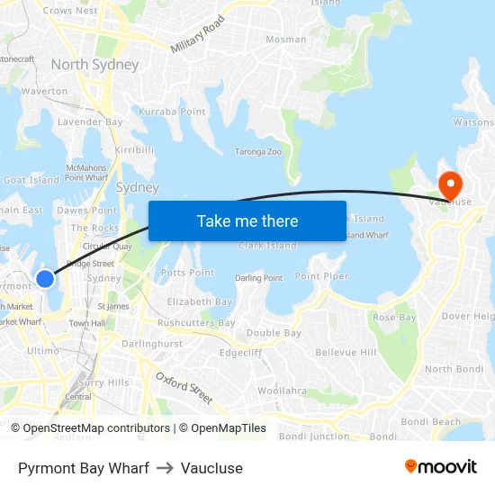 Pyrmont Bay Wharf to Vaucluse map