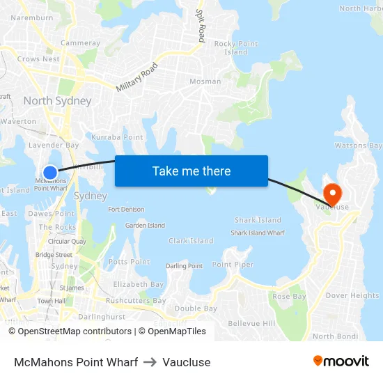 McMahons Point Wharf to Vaucluse map