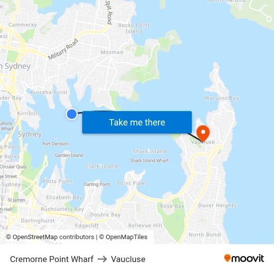 Cremorne Point Wharf to Vaucluse map
