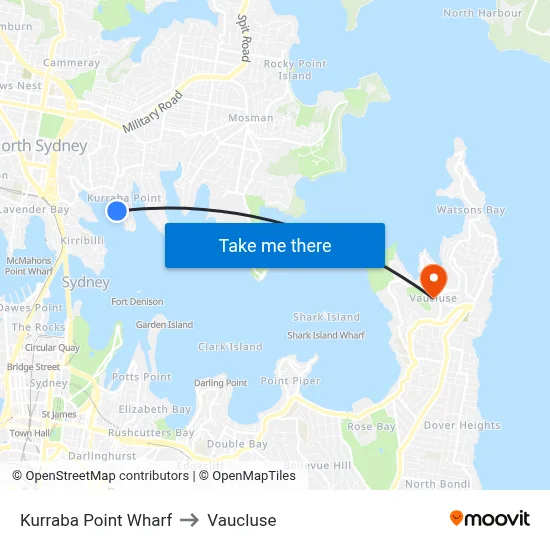 Kurraba Point Wharf to Vaucluse map