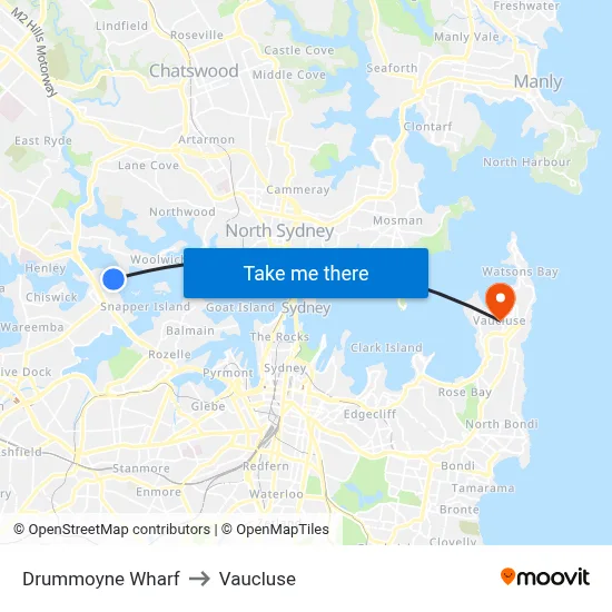 Drummoyne Wharf to Vaucluse map