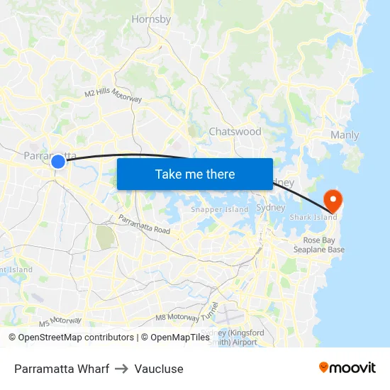 Parramatta Wharf to Vaucluse map