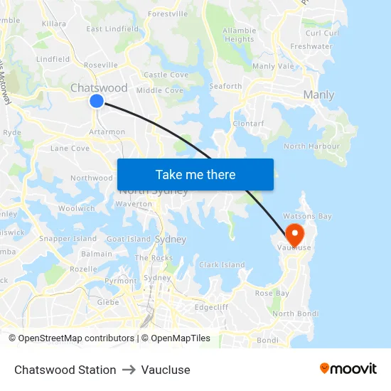 Chatswood Station to Vaucluse map