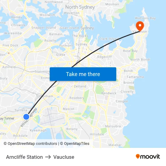 Arncliffe Station to Vaucluse map
