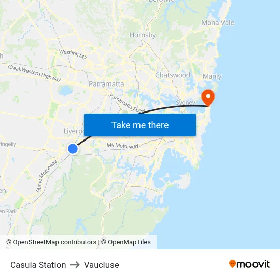 Casula Station to Vaucluse map