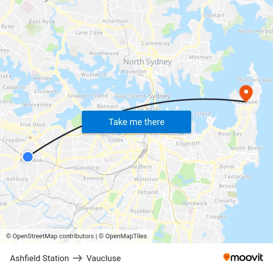 Ashfield Station to Vaucluse map