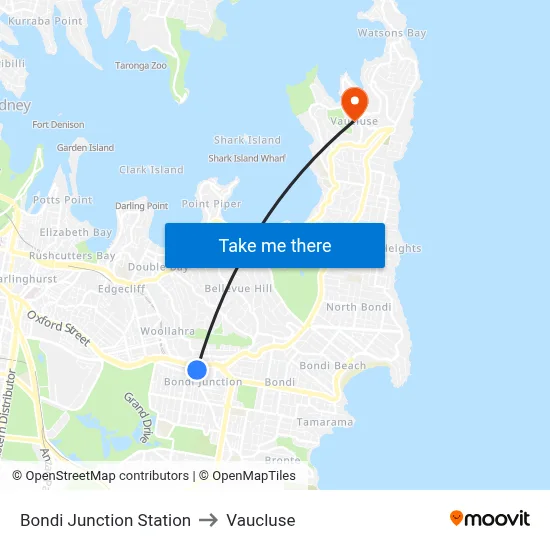 Bondi Junction Station to Vaucluse map