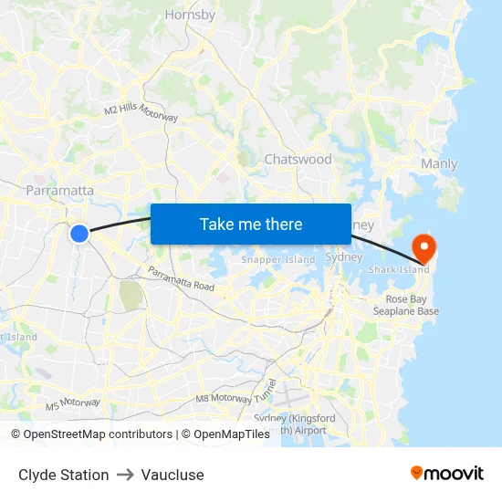 Clyde Station to Vaucluse map
