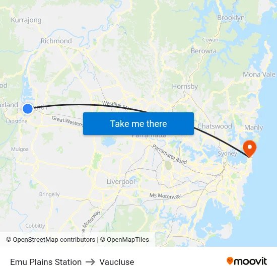 Emu Plains Station to Vaucluse map