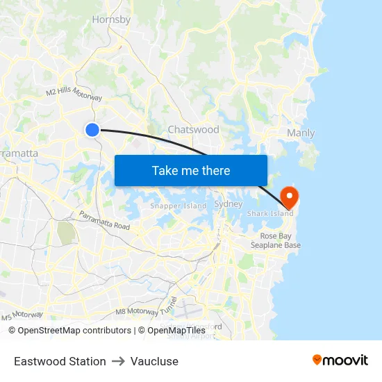 Eastwood Station to Vaucluse map