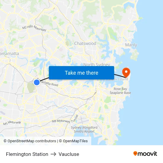Flemington Station to Vaucluse map