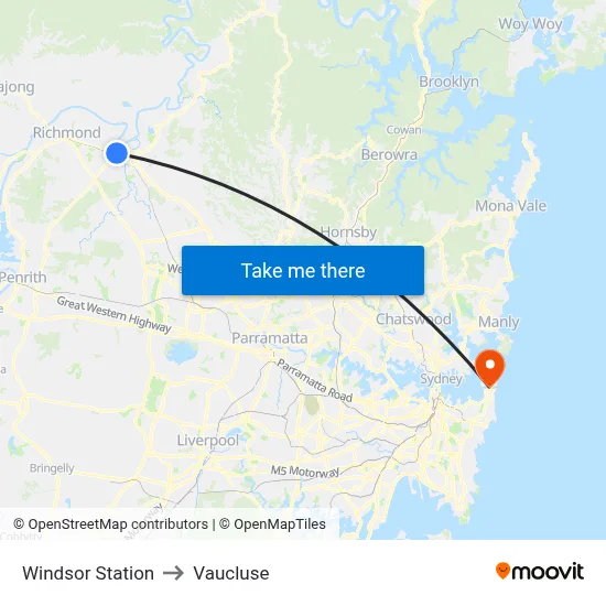 Windsor Station to Vaucluse map