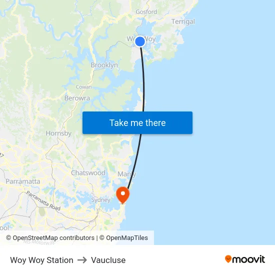 Woy Woy Station to Vaucluse map