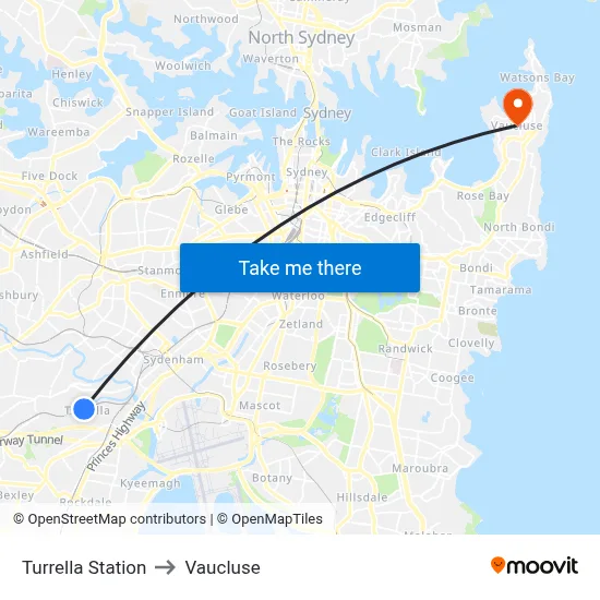 Turrella Station to Vaucluse map