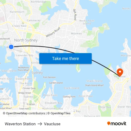 Waverton Station to Vaucluse map