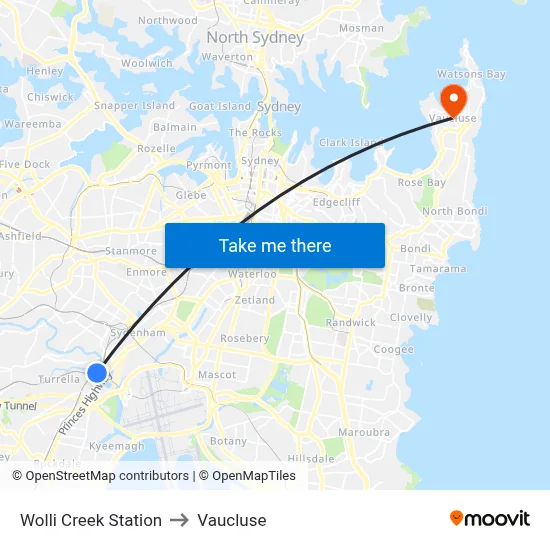 Wolli Creek Station to Vaucluse map