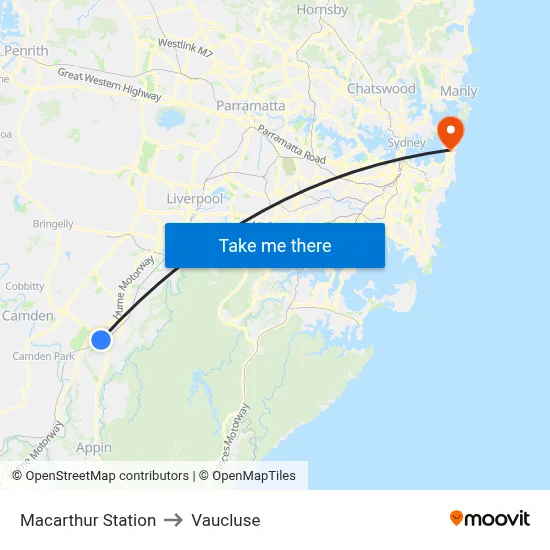 Macarthur Station to Vaucluse map