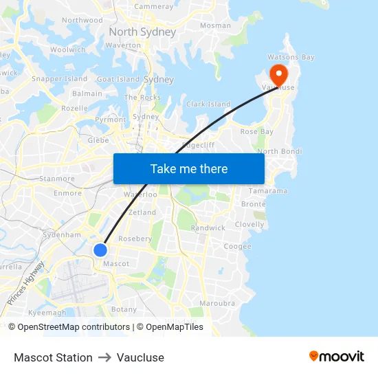 Mascot Station to Vaucluse map