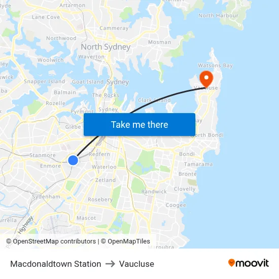 Macdonaldtown Station to Vaucluse map