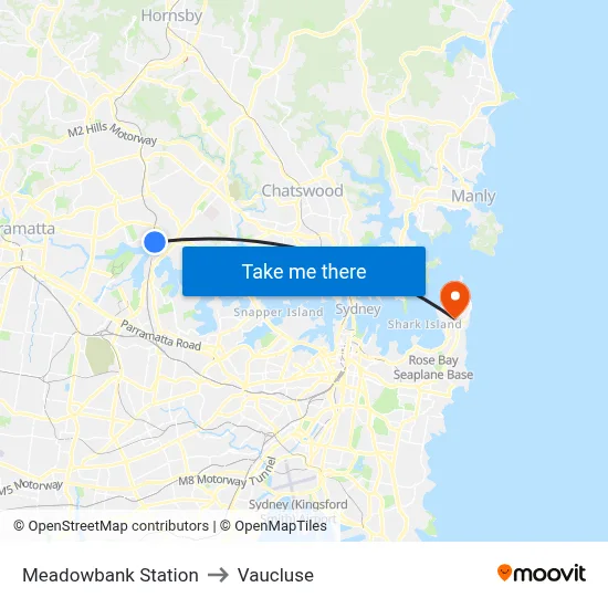 Meadowbank Station to Vaucluse map