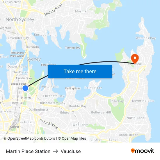 Martin Place Station to Vaucluse map