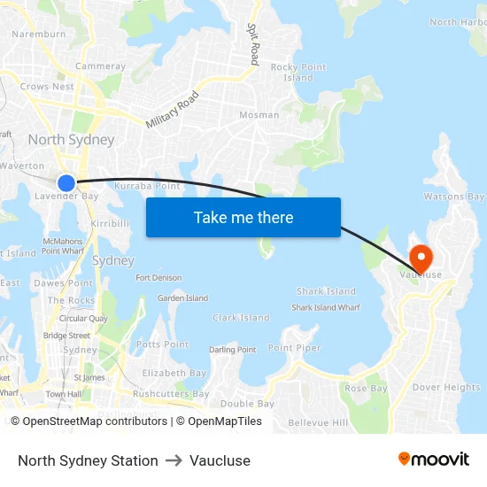 North Sydney Station to Vaucluse map