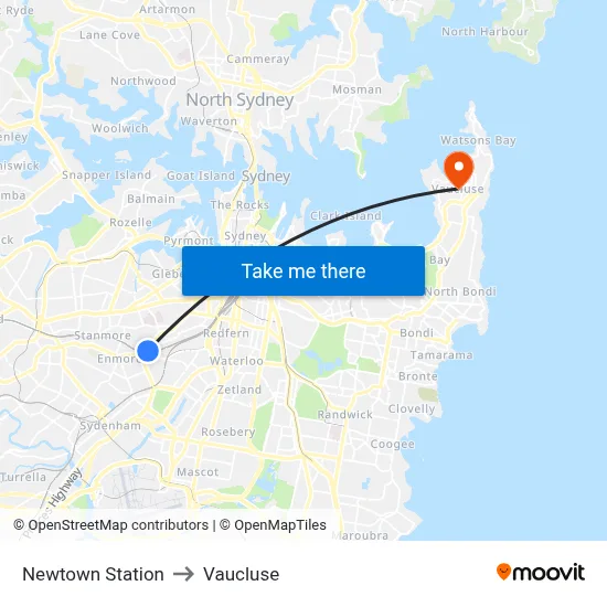Newtown Station to Vaucluse map