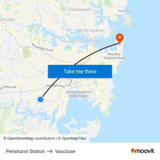 Penshurst Station to Vaucluse map