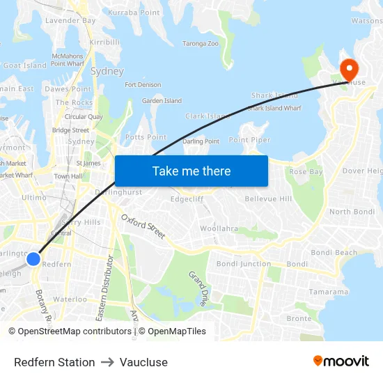 Redfern Station to Vaucluse map