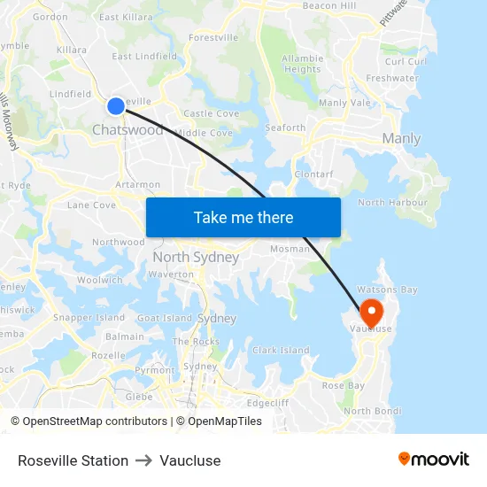 Roseville Station to Vaucluse map