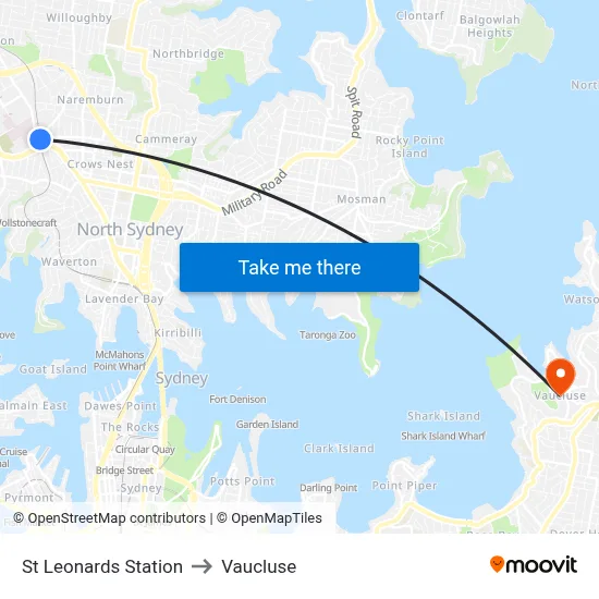 St Leonards Station to Vaucluse map