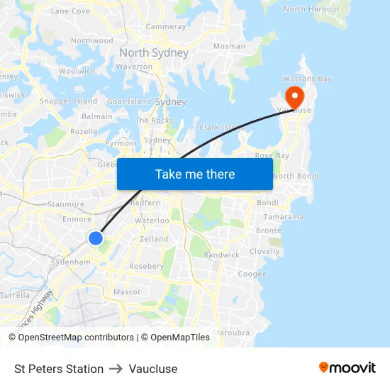 St Peters Station to Vaucluse map