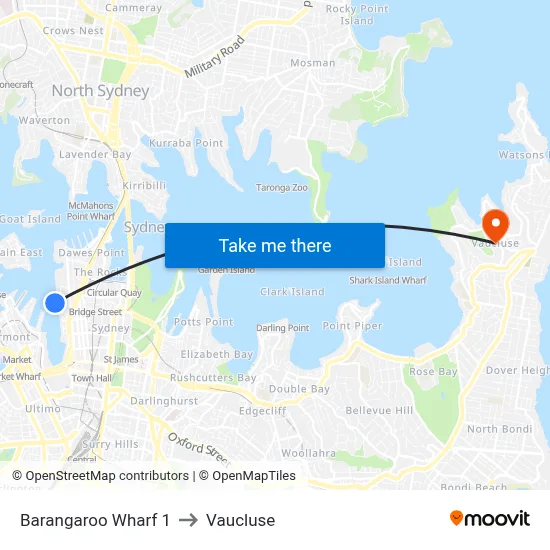 Barangaroo Wharf 1 to Vaucluse map