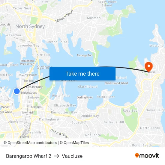 Barangaroo Wharf 2 to Vaucluse map