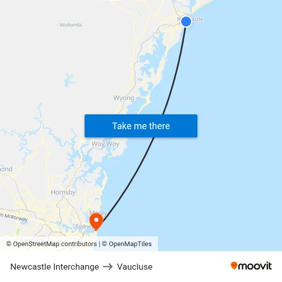 Newcastle Interchange to Vaucluse map