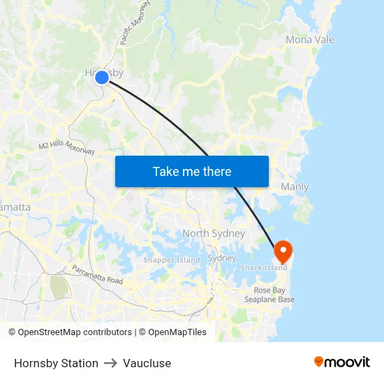 Hornsby Station to Vaucluse map