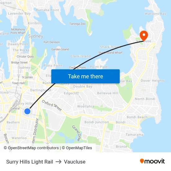 Surry Hills Light Rail to Vaucluse map