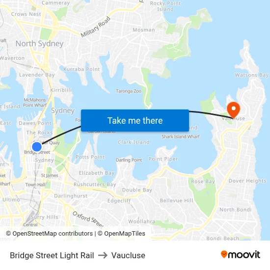 Bridge Street Light Rail to Vaucluse map