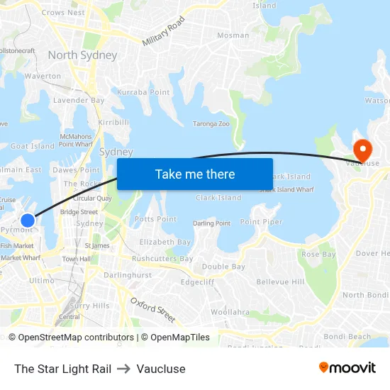 The Star Light Rail to Vaucluse map