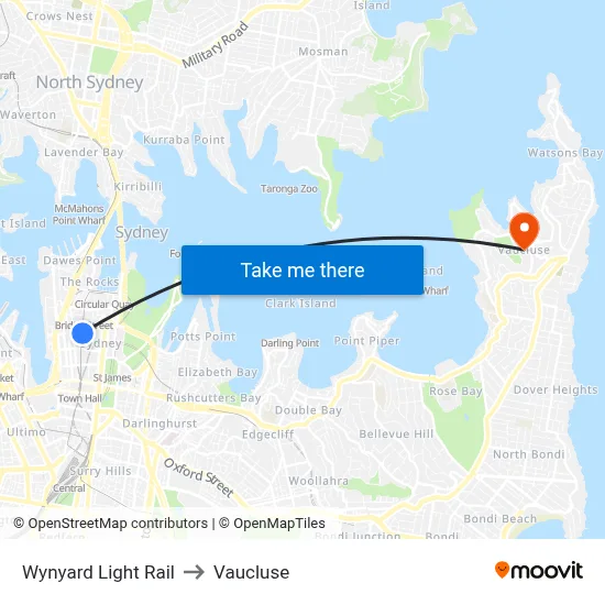 Wynyard Light Rail to Vaucluse map