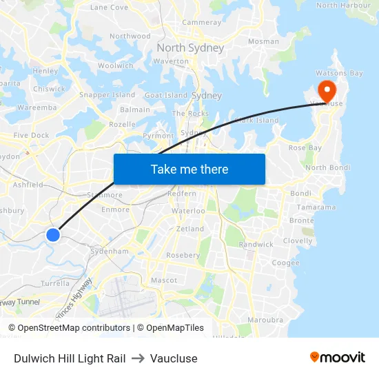 Dulwich Hill Light Rail to Vaucluse map