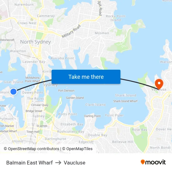 Balmain East Wharf to Vaucluse map