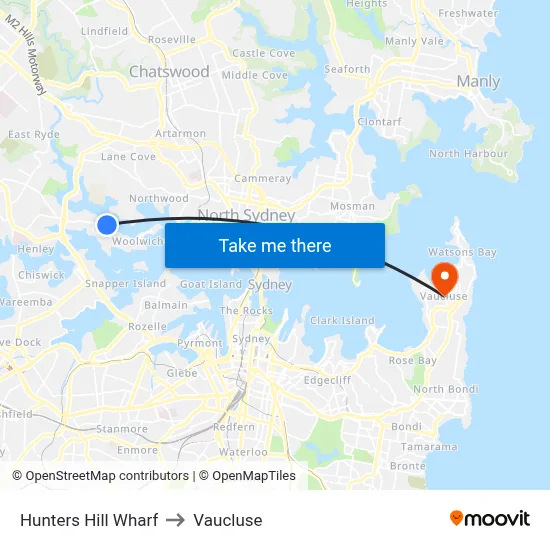 Hunters Hill Wharf to Vaucluse map