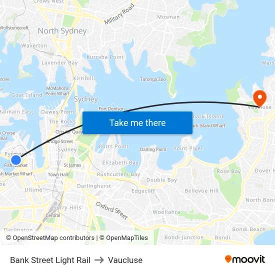 Bank Street Light Rail to Vaucluse map