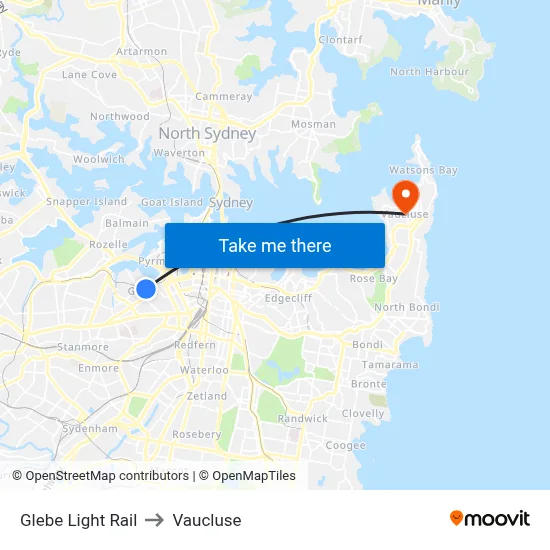 Glebe Light Rail to Vaucluse map