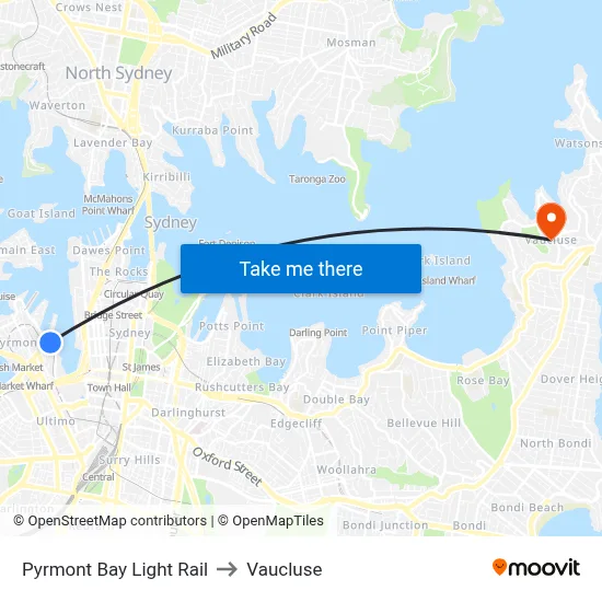 Pyrmont Bay Light Rail to Vaucluse map