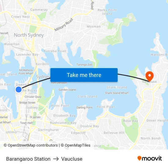 Barangaroo Station to Vaucluse map